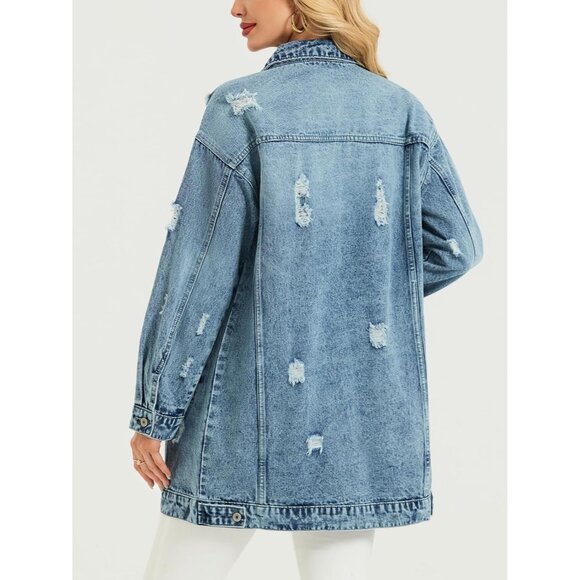 Long Denim Jacket Women Oversized Ripped Casual Fall Streetwear - Picture 2 of 6